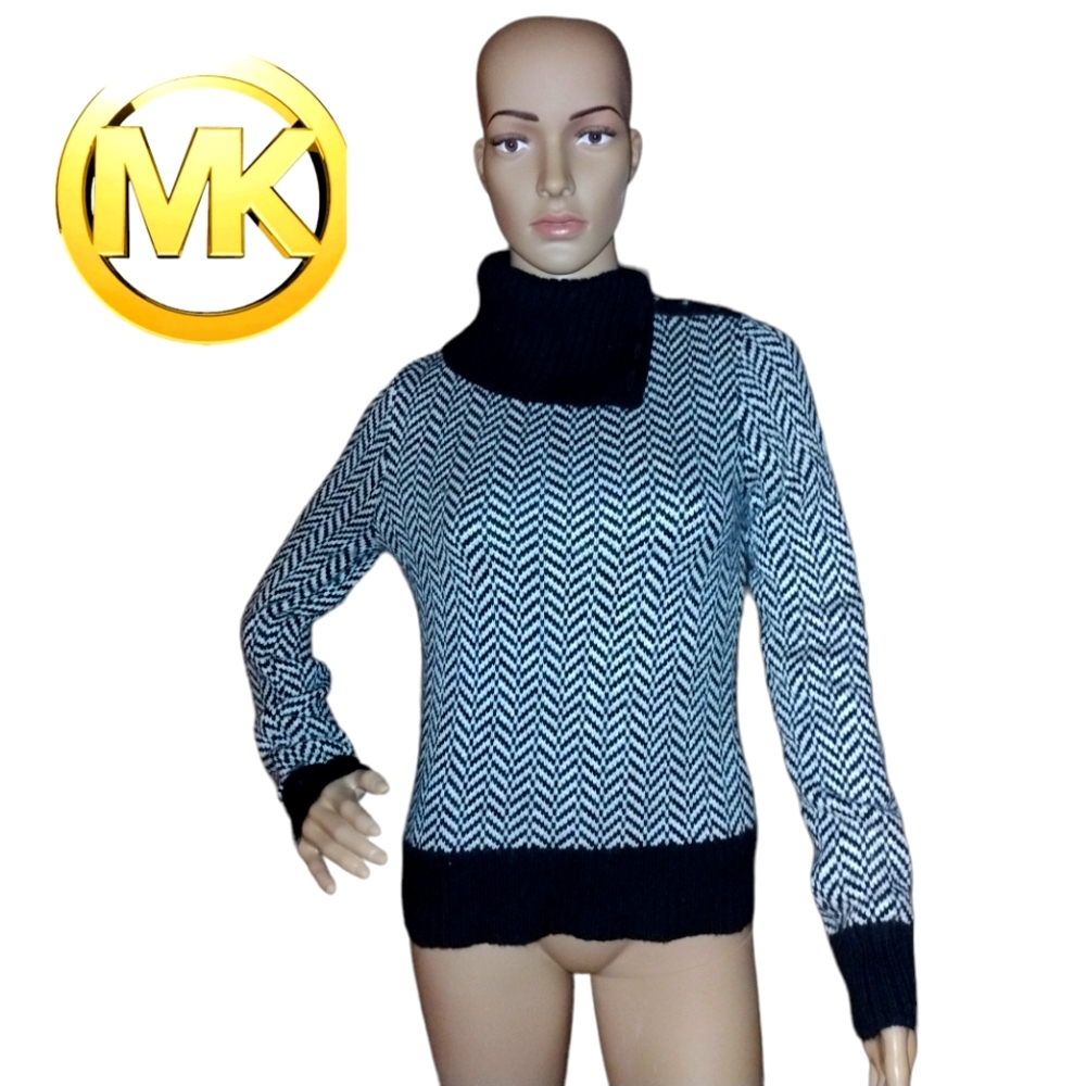 Michael Kors Black & White Chevron Cowl Neck Sweater